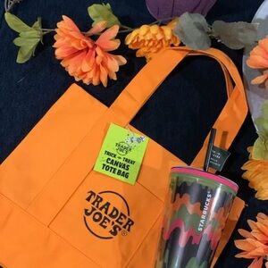 Trader Joe's Orange Mini Tote Bag & Starbucks Glow in the Dark Tumbler 16oz